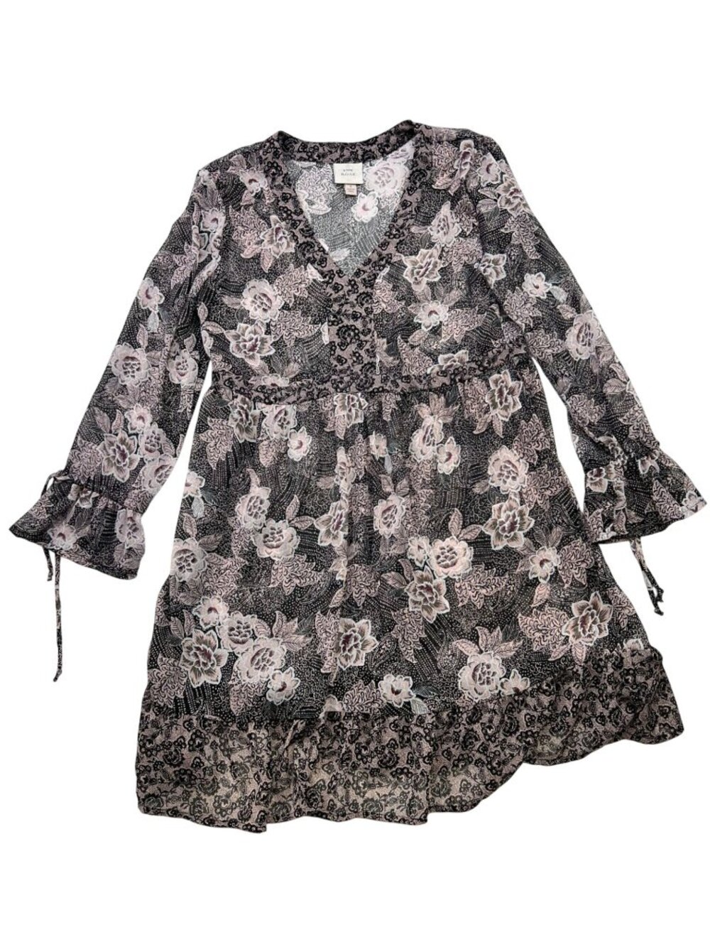 Knox Rose Women's Chiffon Lined Mini Dress Bell Sleeve Size S Black Pink Floral